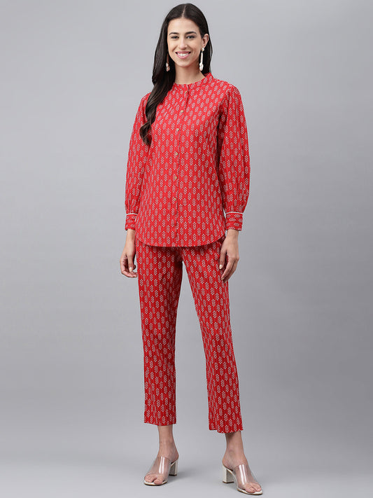 Janasya Women's Red Cotton Ethnic Motifs Regular Casual Top Set - Swadesiicart