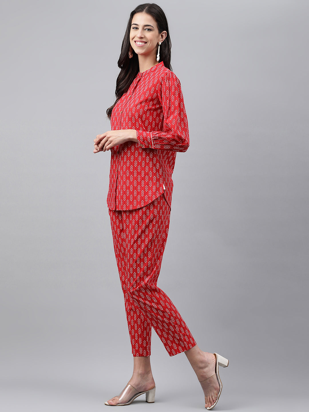 Janasya Women's Red Cotton Ethnic Motifs Regular Casual Top Set - Swadesiicart