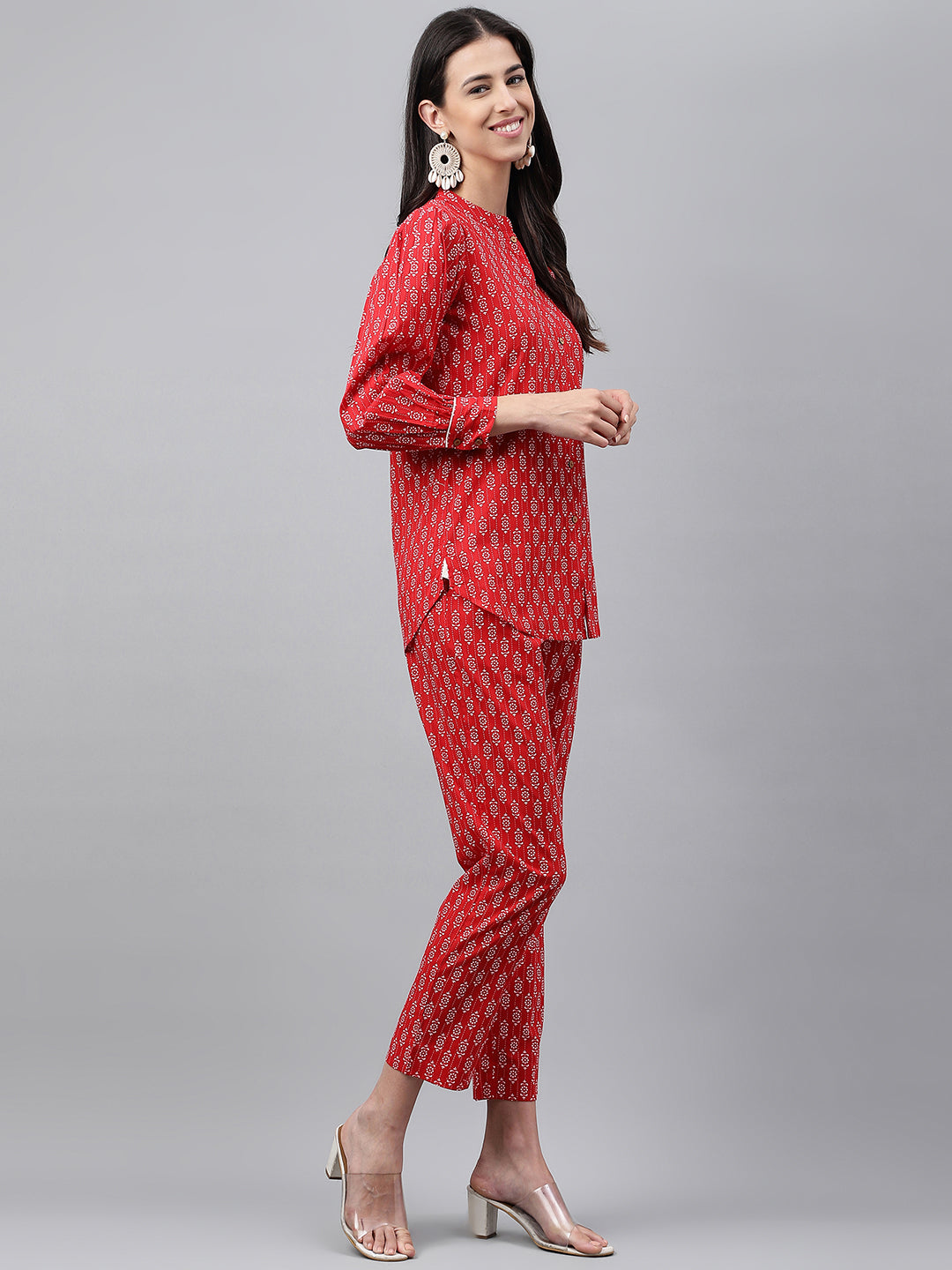 Janasya Women's Red Cotton Ethnic Motifs Regular Casual Top Set - Swadesiicart
