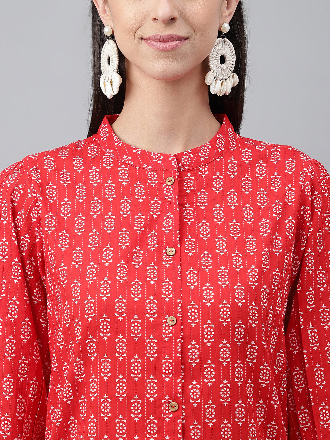 Janasya Women's Red Cotton Ethnic Motifs Regular Casual Top Set - Swadesiicart