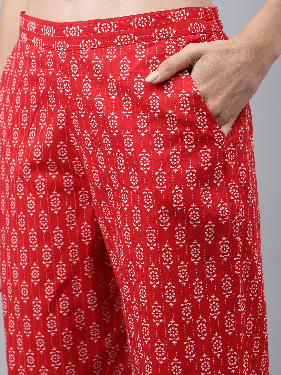 Janasya Women's Red Cotton Ethnic Motifs Regular Casual Top Set - Swadesiicart