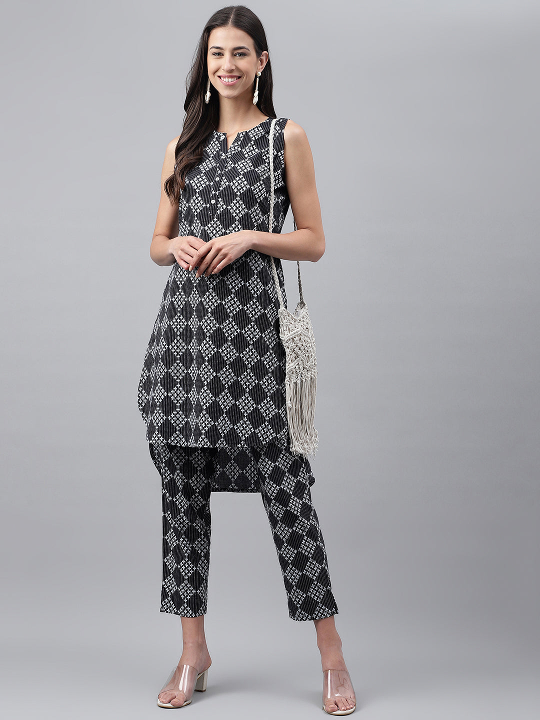 Janasya Women's Black Cotton Ethnic Motifs High Low Casual Kurta Set | Swadesiicart