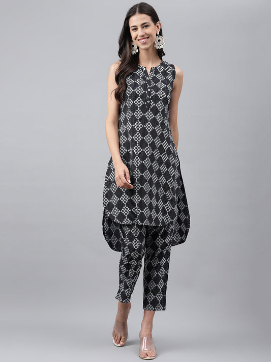 Janasya Women's Black Cotton Ethnic Motifs High Low Casual Kurta Set | Swadesiicart