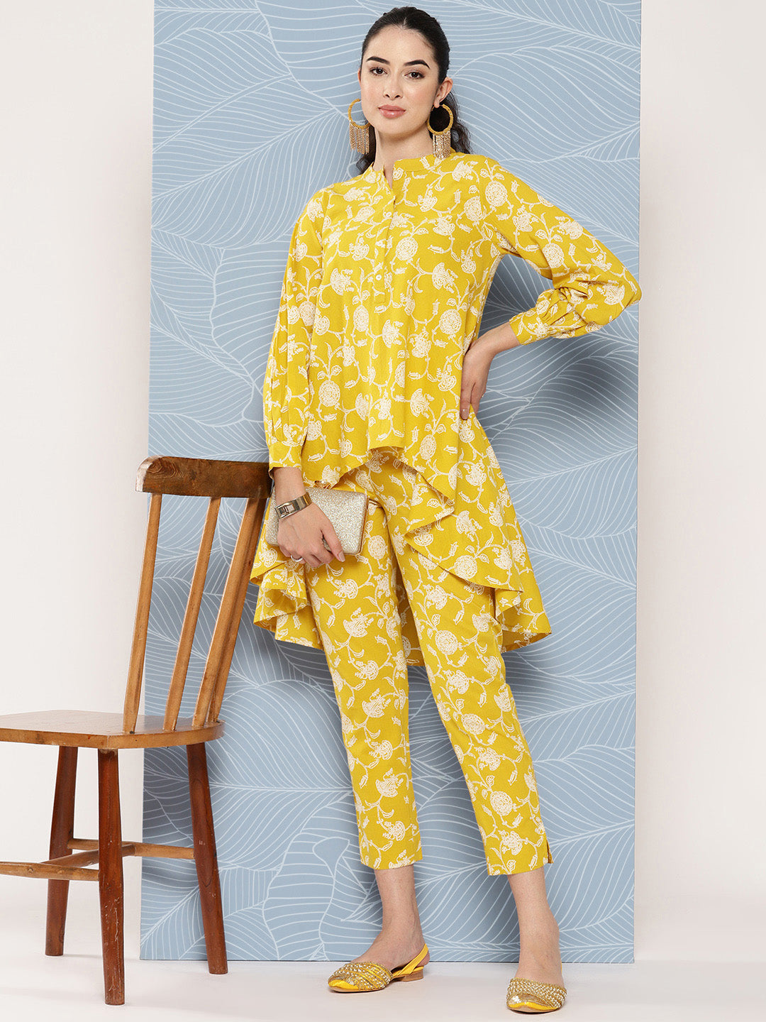 Janasya Women's Mustard Cotton Floral Printed High Low Casual Tunic Set | Swadesiicart
