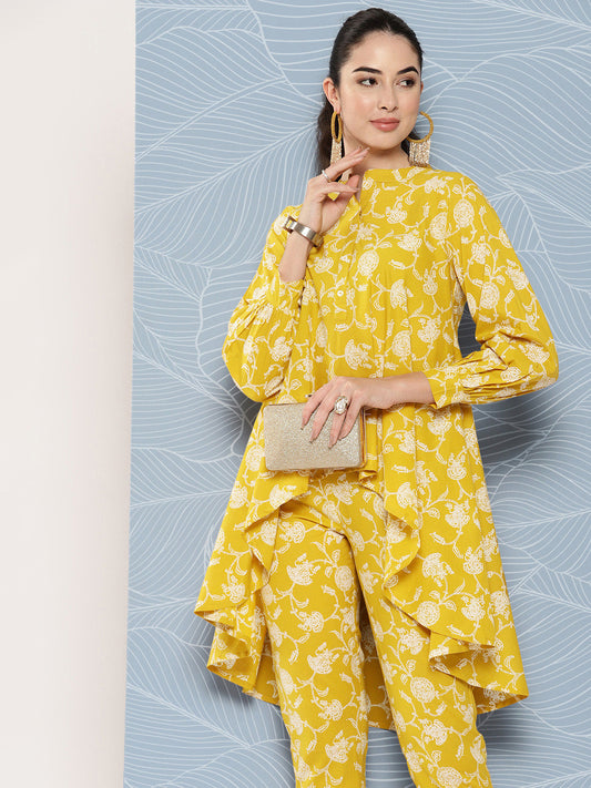 Janasya Women's Mustard Cotton Floral Printed High Low Casual Tunic Set | Swadesiicart