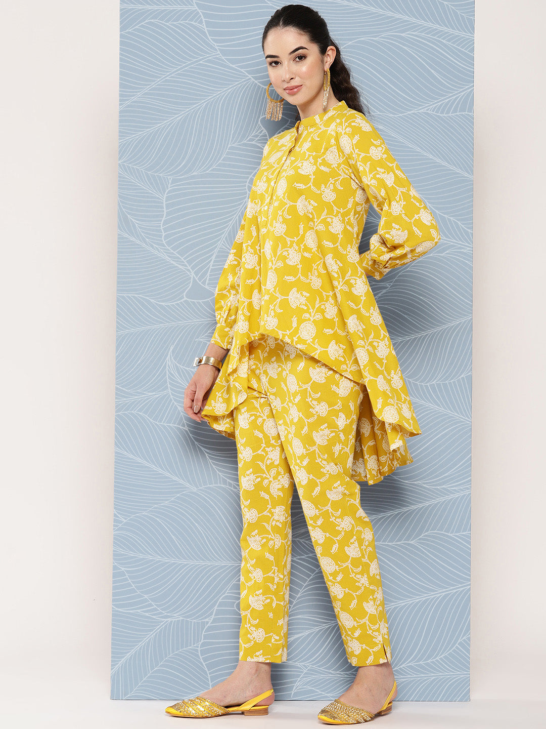 Janasya Women's Mustard Cotton Floral Printed High Low Casual Tunic Set | Swadesiicart