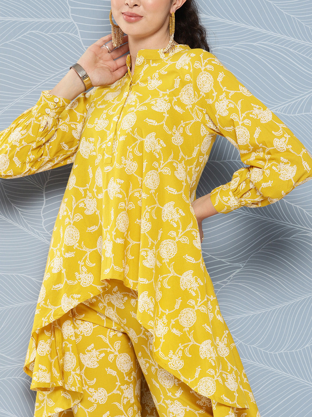 Janasya Women's Mustard Cotton Floral Printed High Low Casual Tunic Set | Swadesiicart