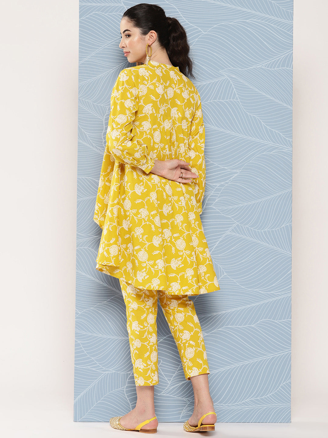 Janasya Women's Mustard Cotton Floral Printed High Low Casual Tunic Set | Swadesiicart