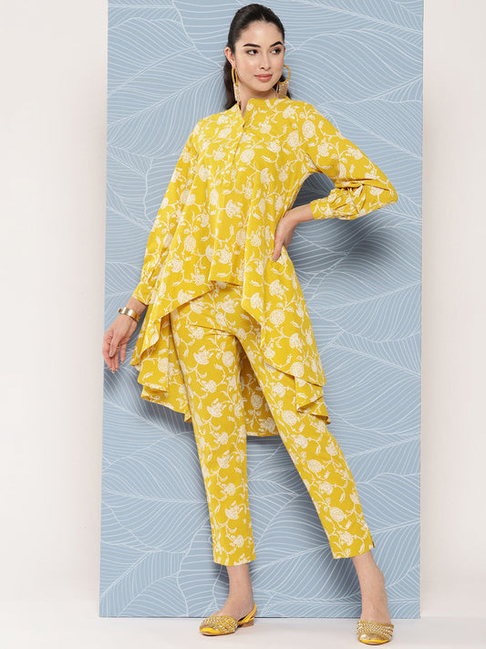 Janasya Women's Mustard Cotton Floral Printed High Low Casual Tunic Set | Swadesiicart