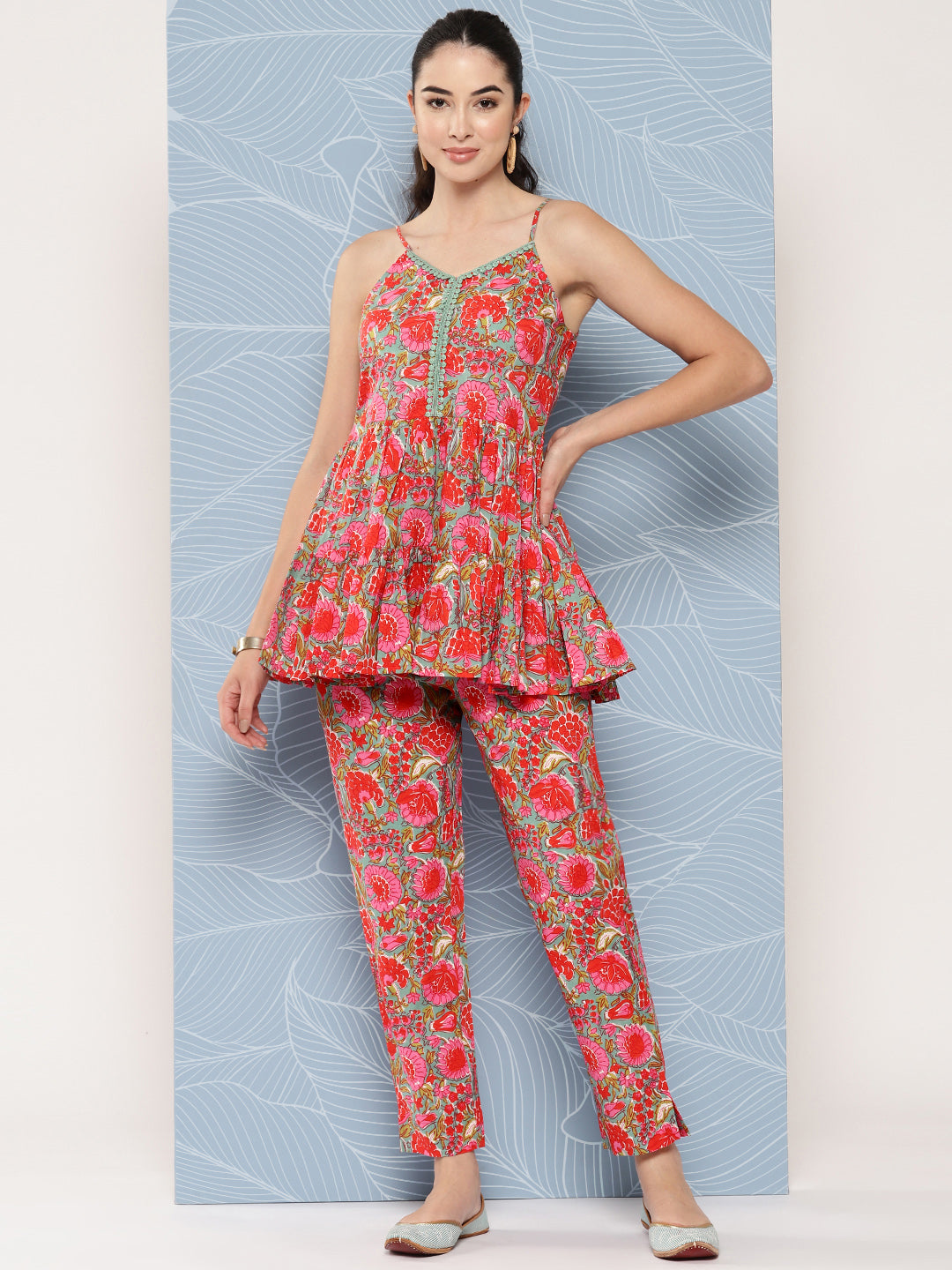 Janasya Women's Multicolor Cotton Floral Printed Peplum Casual Top Set | Swadesiicart