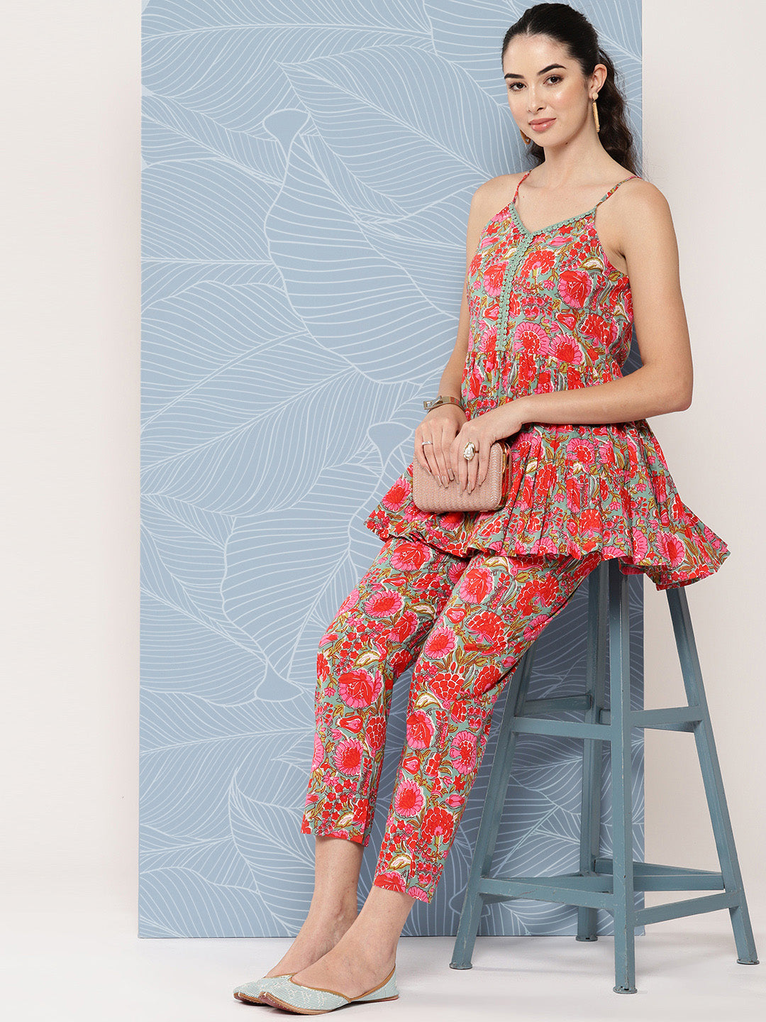 Janasya Women's Multicolor Cotton Floral Printed Peplum Casual Top Set | Swadesiicart