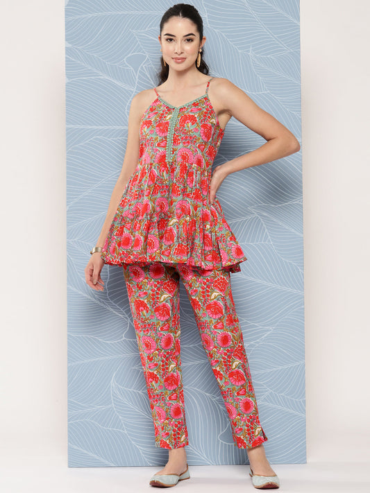 Janasya Women's Multicolor Cotton Floral Printed Peplum Casual Top Set | Swadesiicart