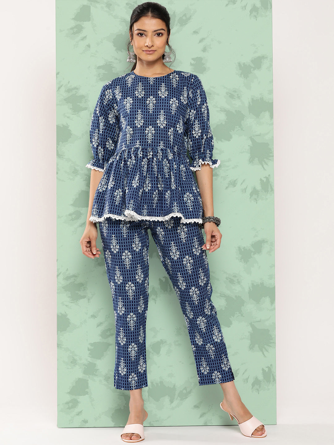 Janasya Women's Blue Cotton Floral Printed Peplum Casual Top Set | Swadesiicart