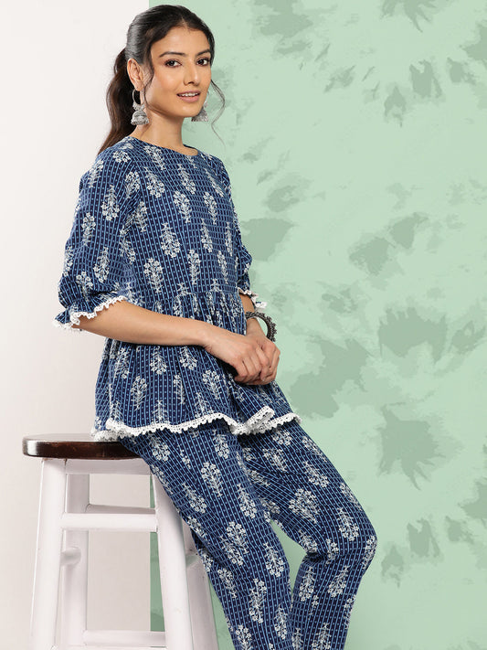 Janasya Women's Blue Cotton Floral Printed Peplum Casual Top Set | Swadesiicart