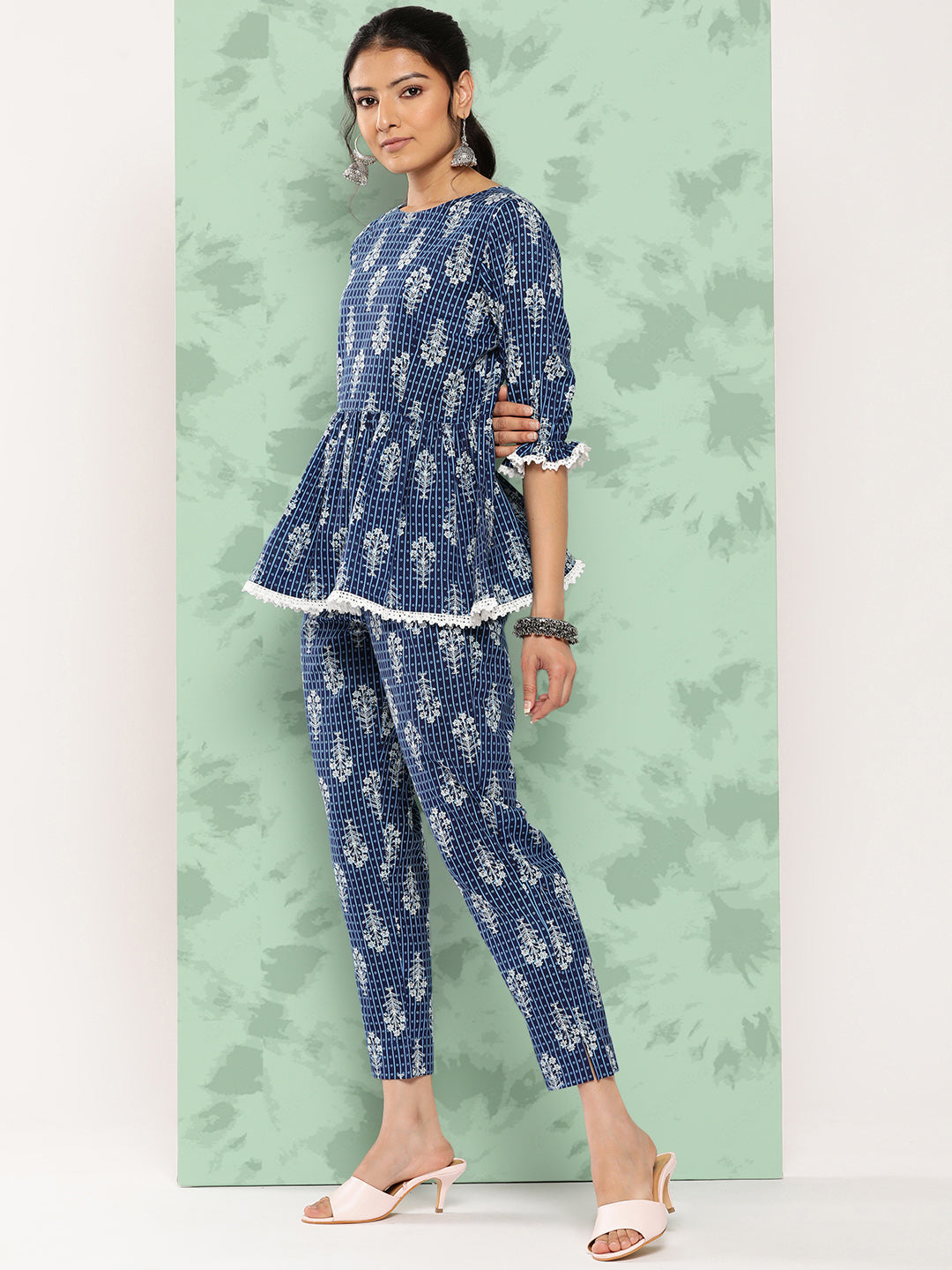 Janasya Women's Blue Cotton Floral Printed Peplum Casual Top Set | Swadesiicart
