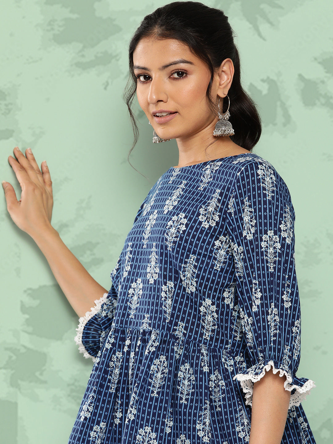 Janasya Women's Blue Cotton Floral Printed Peplum Casual Top Set | Swadesiicart