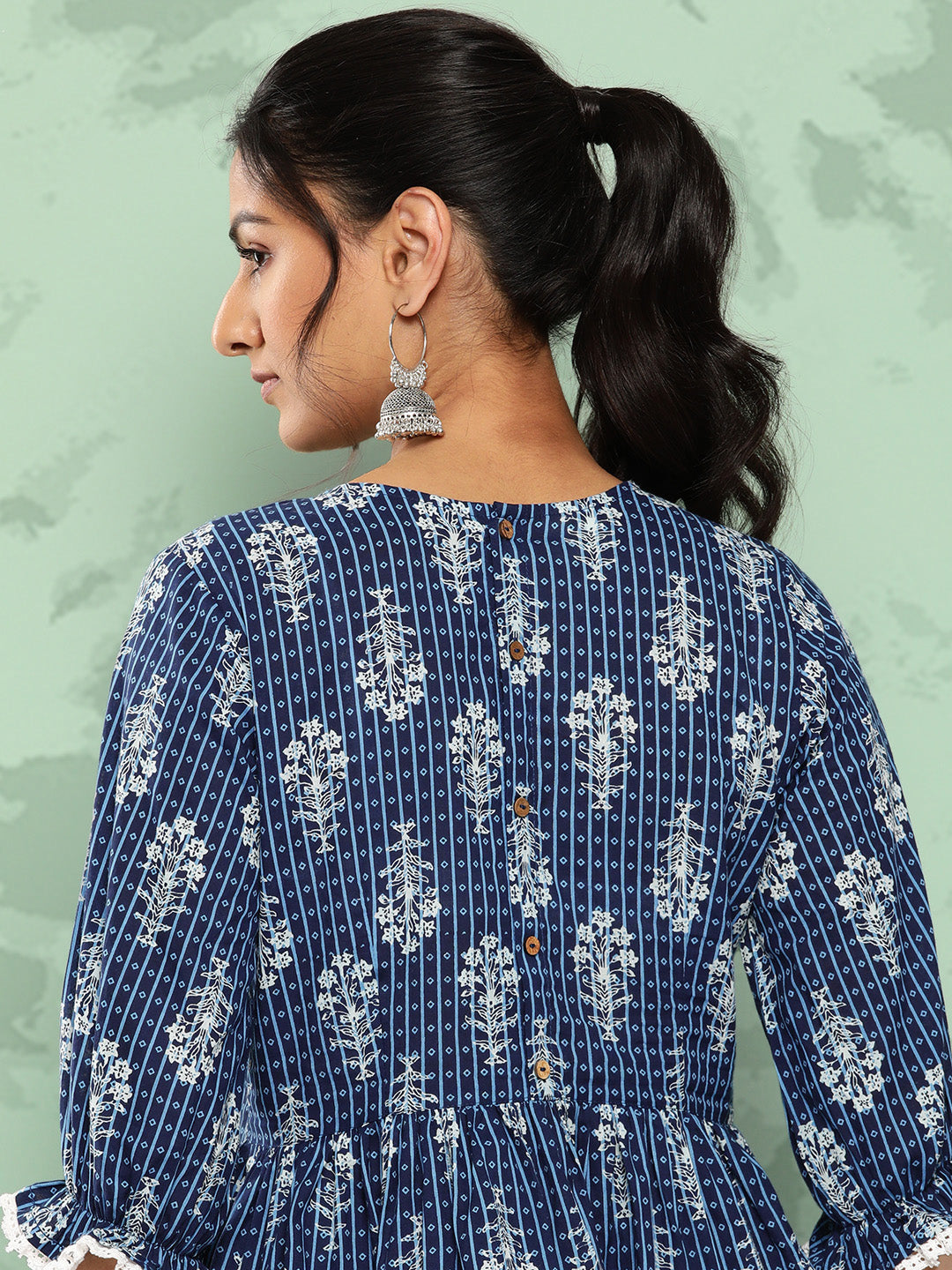 Janasya Women's Blue Cotton Floral Printed Peplum Casual Top Set | Swadesiicart