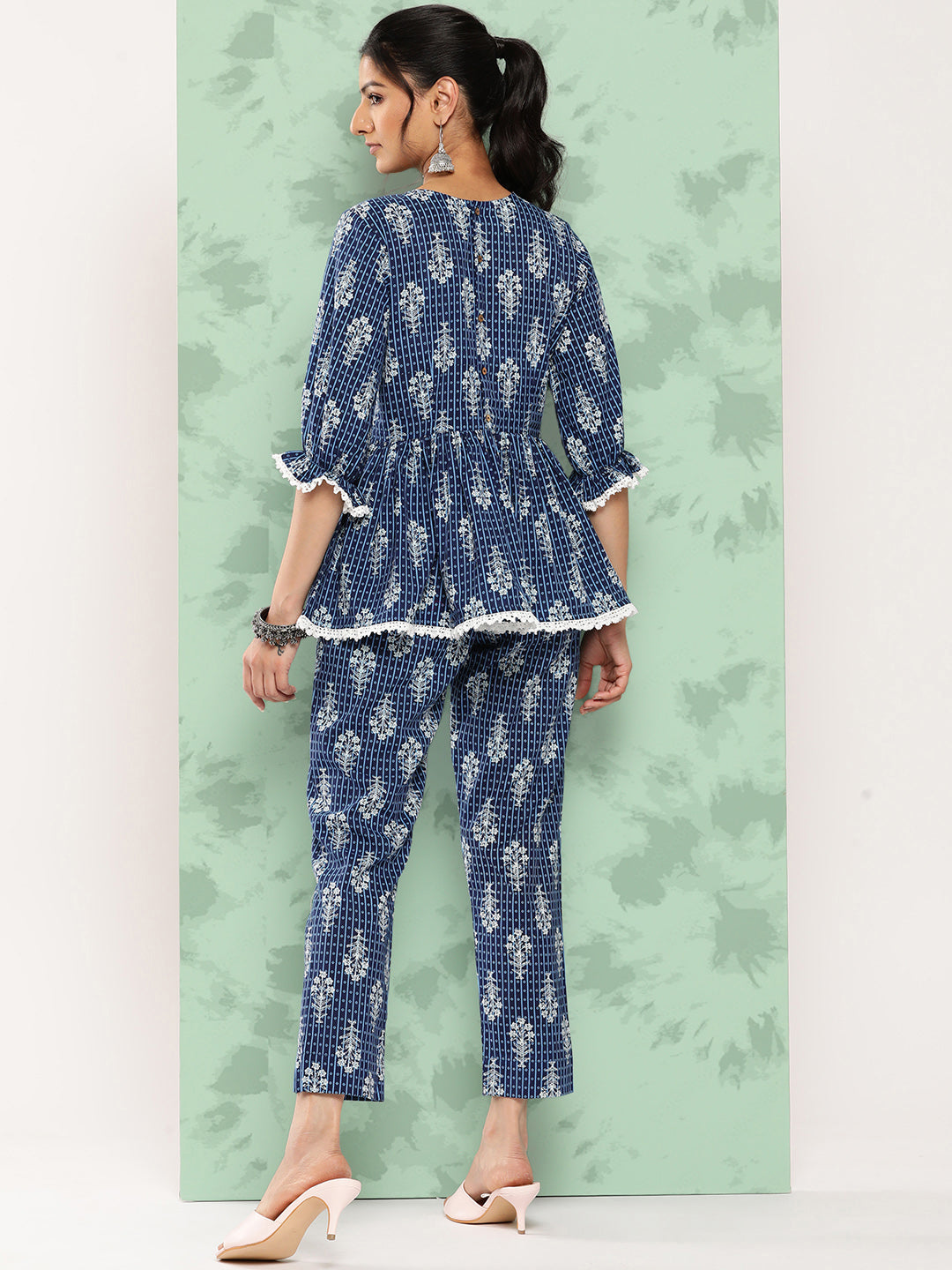 Janasya Women's Blue Cotton Floral Printed Peplum Casual Top Set | Swadesiicart