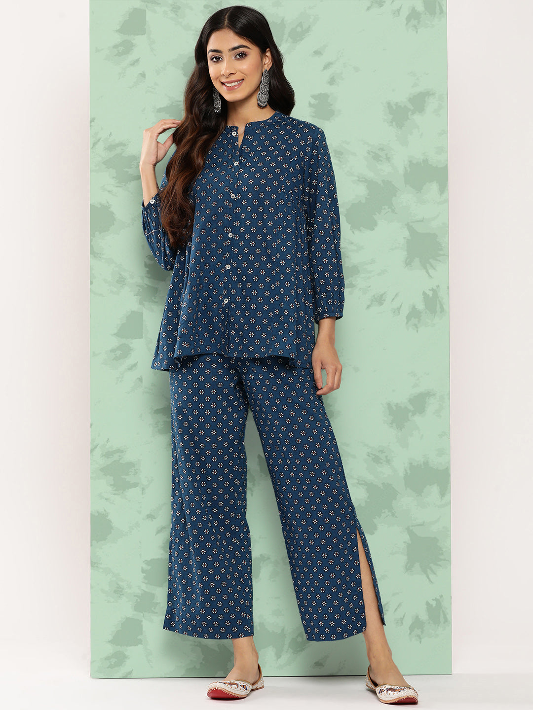 Janasya Women's Blue Cotton Floral Printed Gathered Casual Top Set | Swadesiicart
