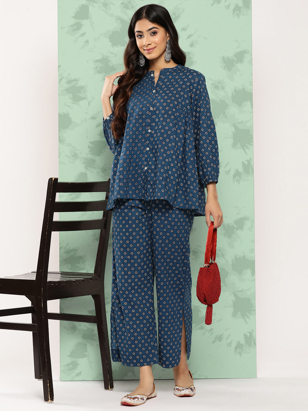 Janasya Women's Blue Cotton Floral Printed Gathered Casual Top Set | Swadesiicart