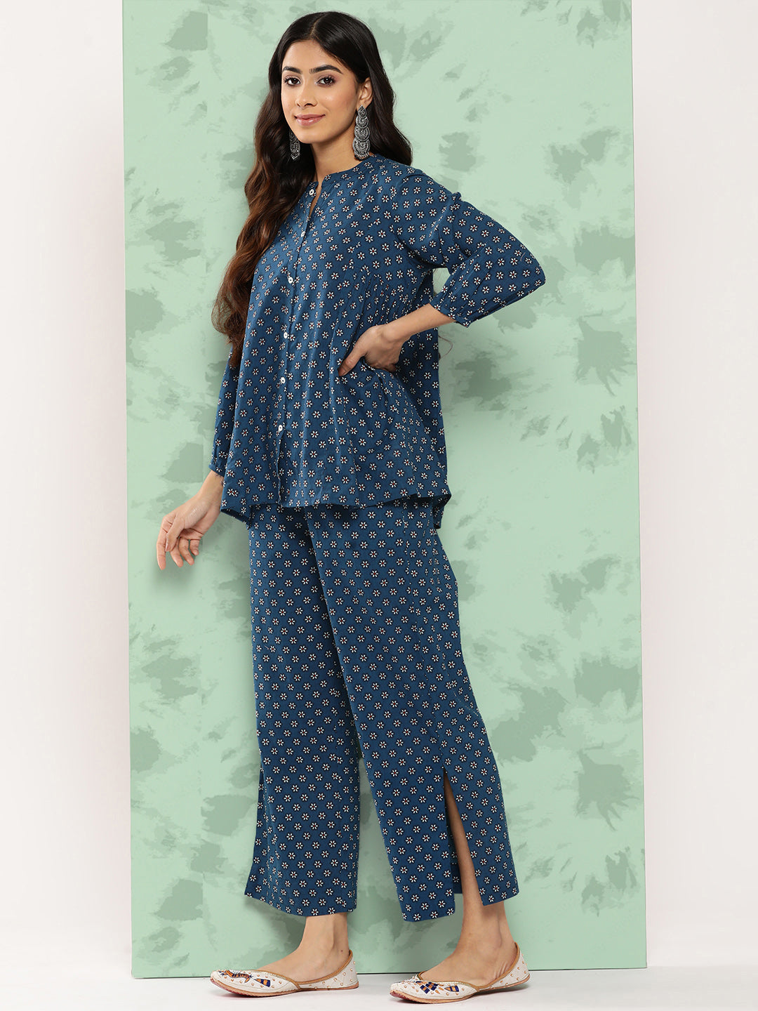 Janasya Women's Blue Cotton Floral Printed Gathered Casual Top Set | Swadesiicart