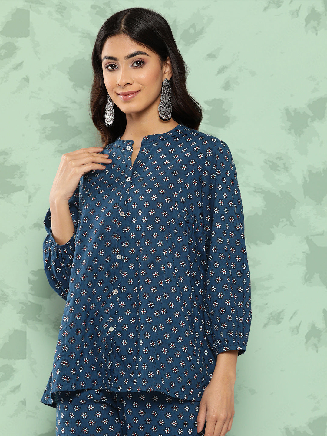 Janasya Women's Blue Cotton Floral Printed Gathered Casual Top Set | Swadesiicart