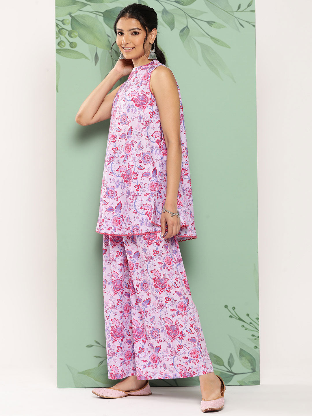 Janasya Women's Lavender Crepe Digital Printed A-line Casual Top Set - Swadesiicart