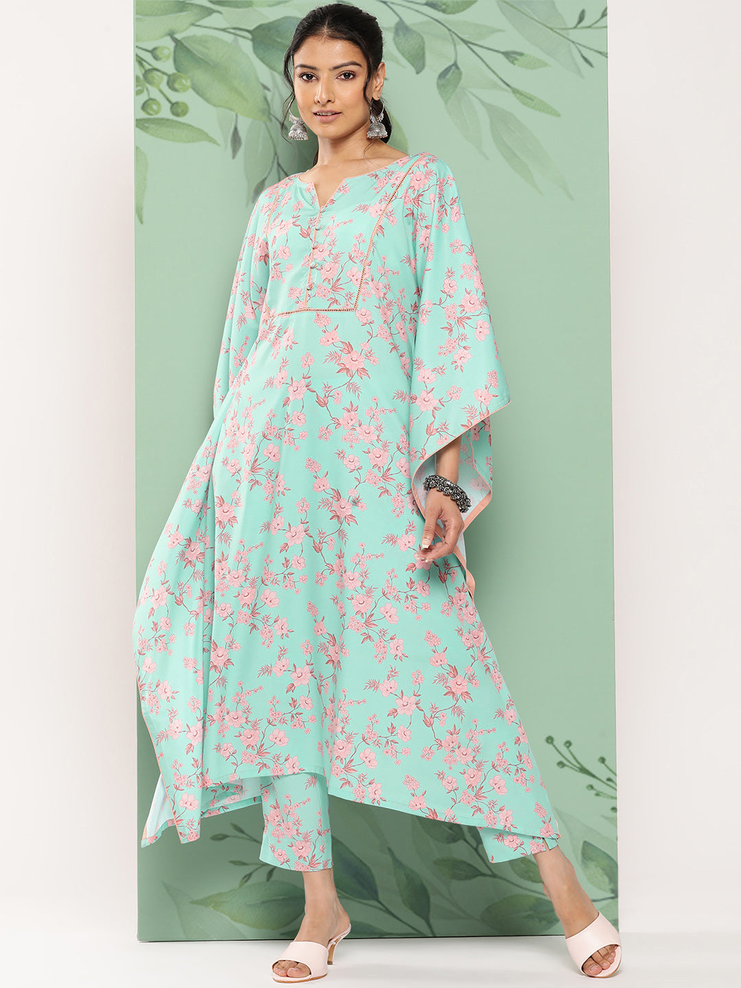Janasya Women's Sea Green Crepe Digital Printed Kaftan Casual Kaftan Set - Swadesiicart