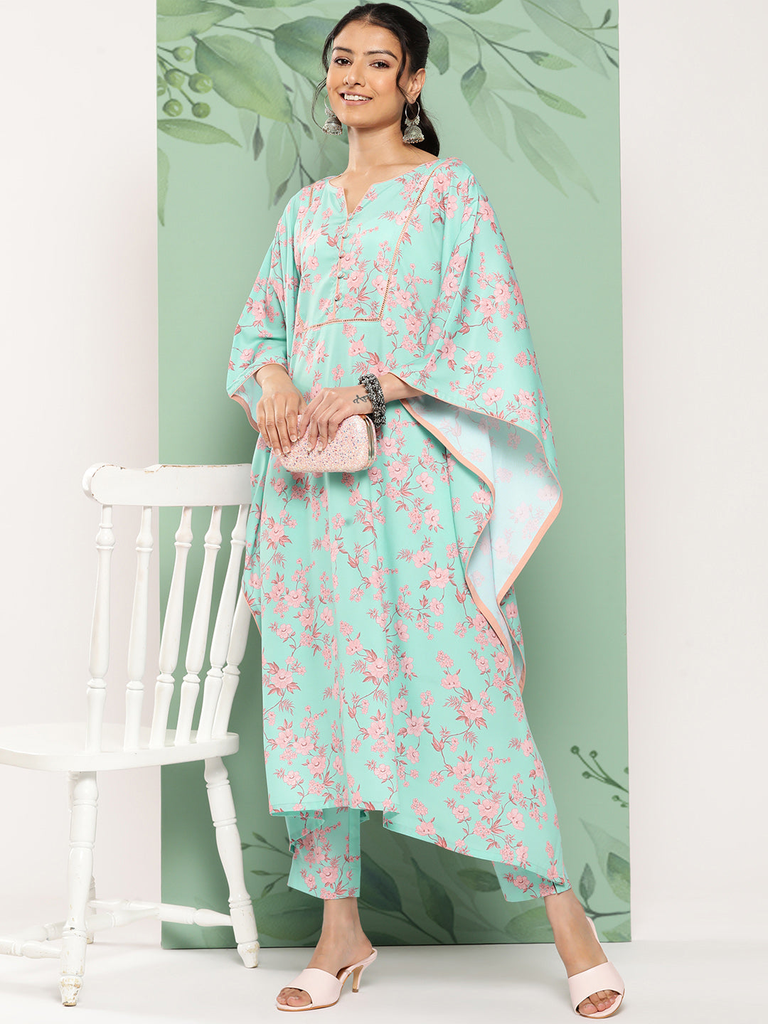 Janasya Women's Sea Green Crepe Digital Printed Kaftan Casual Kaftan Set - Swadesiicart