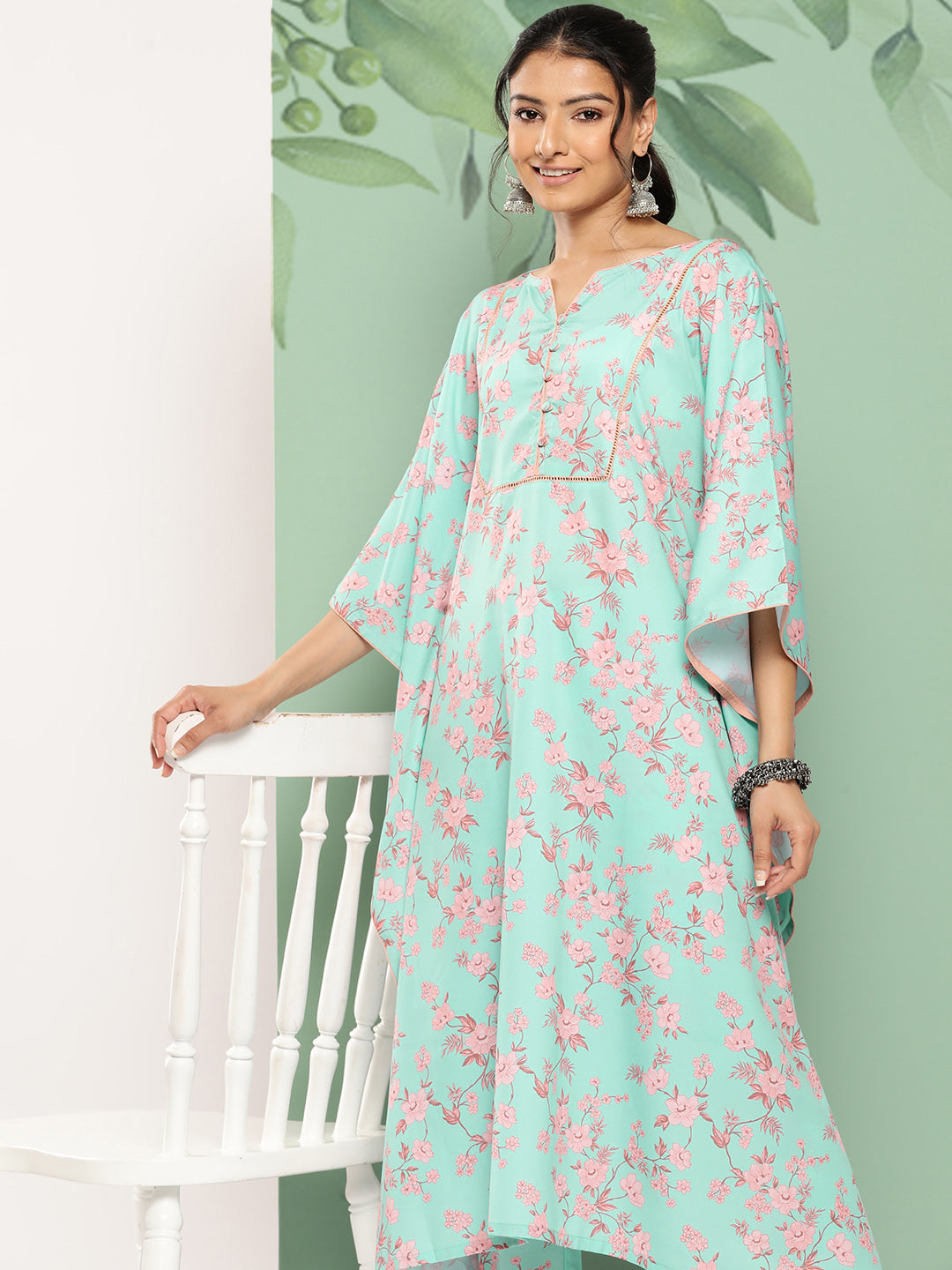 Janasya Women's Sea Green Crepe Digital Printed Kaftan Casual Kaftan Set - Swadesiicart