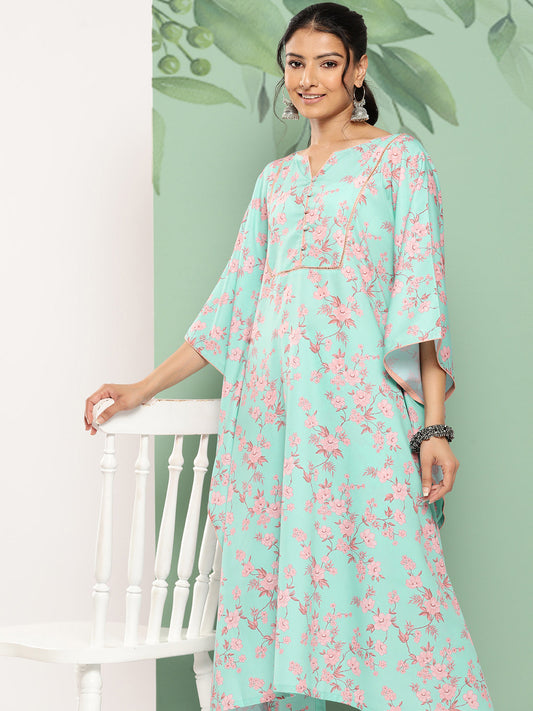 Janasya Women's Sea Green Crepe Digital Printed Kaftan Casual Kaftan Set - Swadesiicart