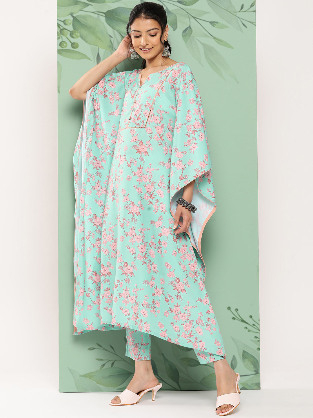 Janasya Women's Sea Green Crepe Digital Printed Kaftan Casual Kaftan Set - Swadesiicart