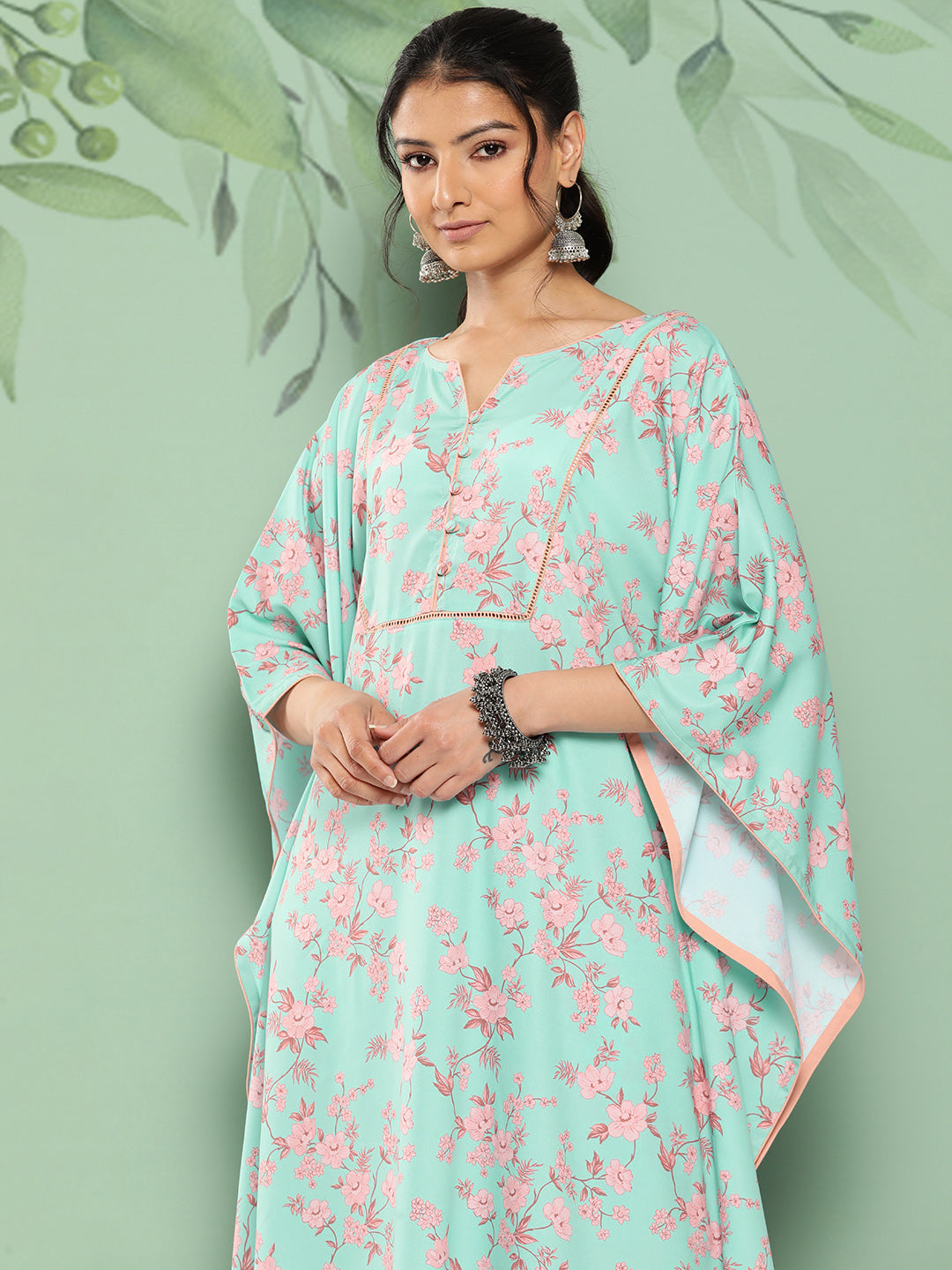 Janasya Women's Sea Green Crepe Digital Printed Kaftan Casual Kaftan Set - Swadesiicart