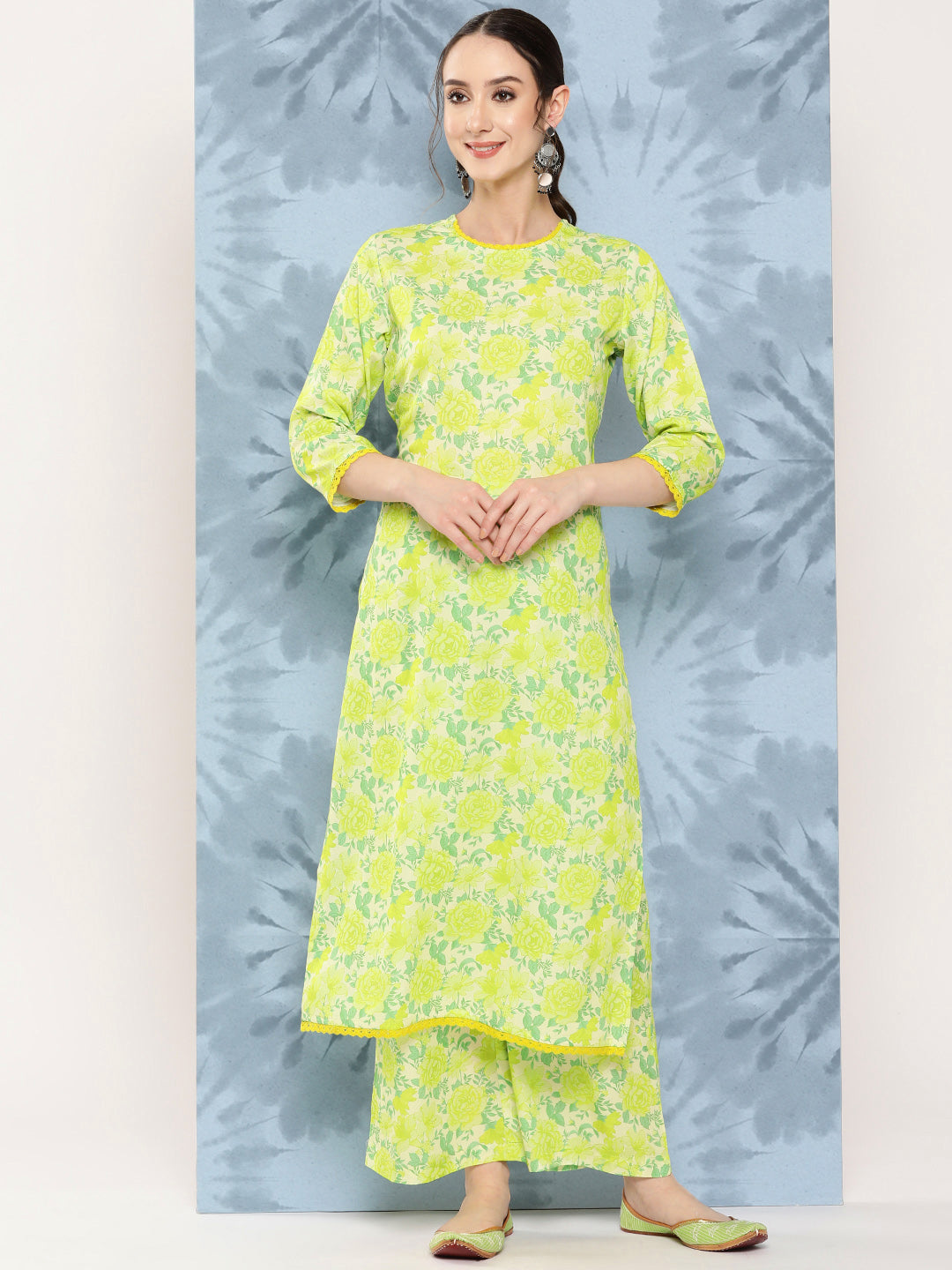 Janasya Women's Lemon Green Crepe Digital Printed Straight Casual Kurta Set | Swadesiicart
