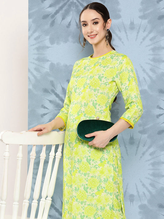 Janasya Women's Lemon Green Crepe Digital Printed Straight Casual Kurta Set | Swadesiicart