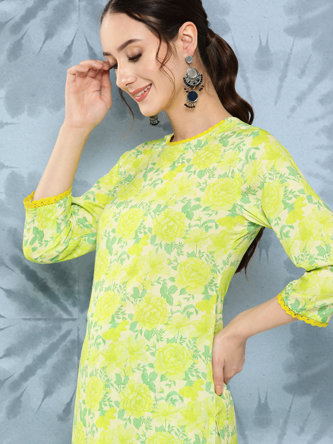 Janasya Women's Lemon Green Crepe Digital Printed Straight Casual Kurta Set | Swadesiicart
