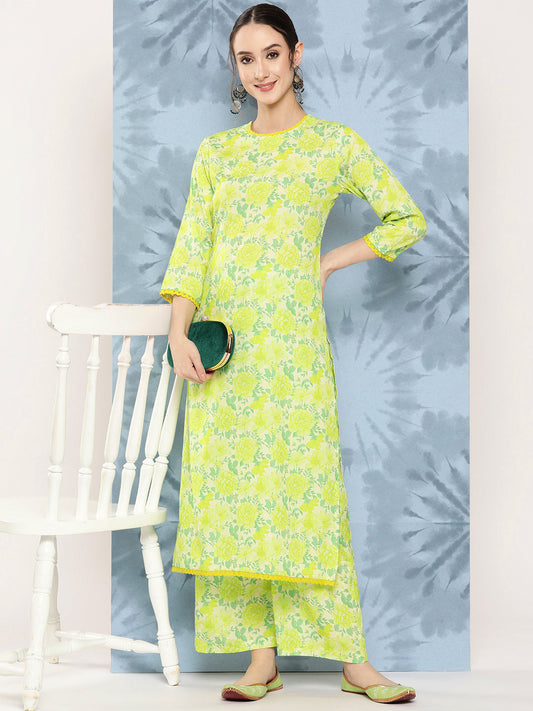 Janasya Women's Lemon Green Crepe Digital Printed Straight Casual Kurta Set | Swadesiicart