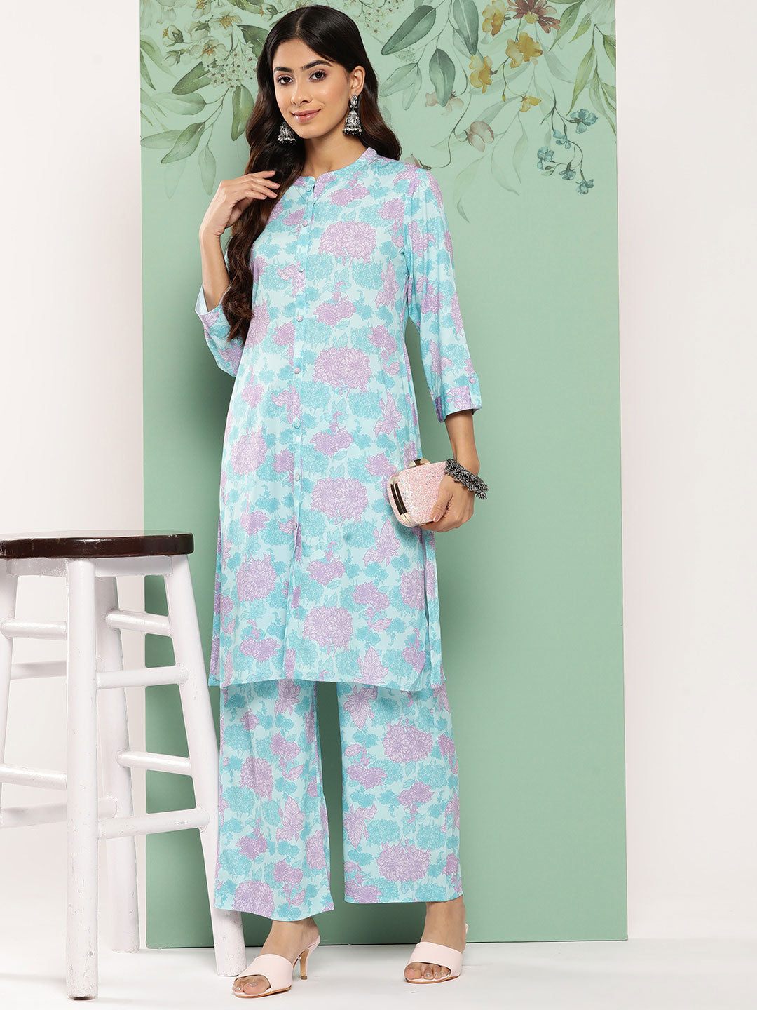 Janasya Women's Sky Blue Crepe Digital Printed Straight Casual Kurta Set - Swadesiicart
