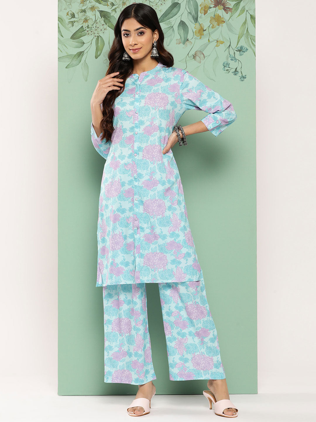 Janasya Women's Sky Blue Crepe Digital Printed Straight Casual Kurta Set - Swadesiicart