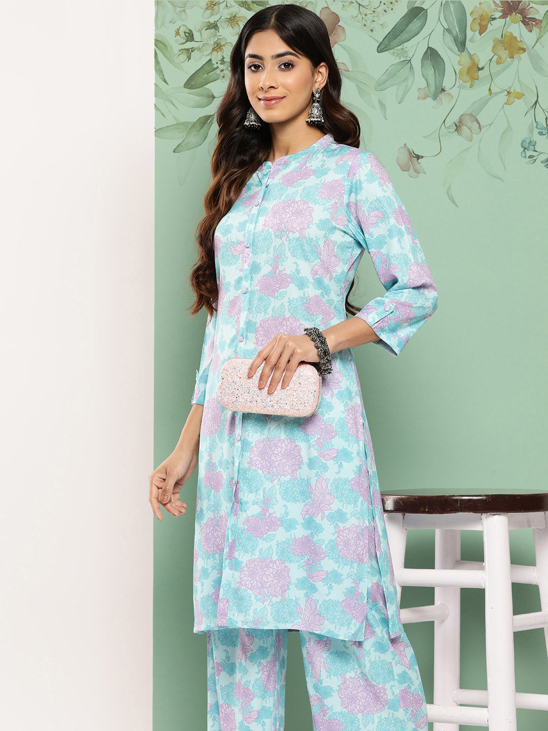 Janasya Women's Sky Blue Crepe Digital Printed Straight Casual Kurta Set - Swadesiicart
