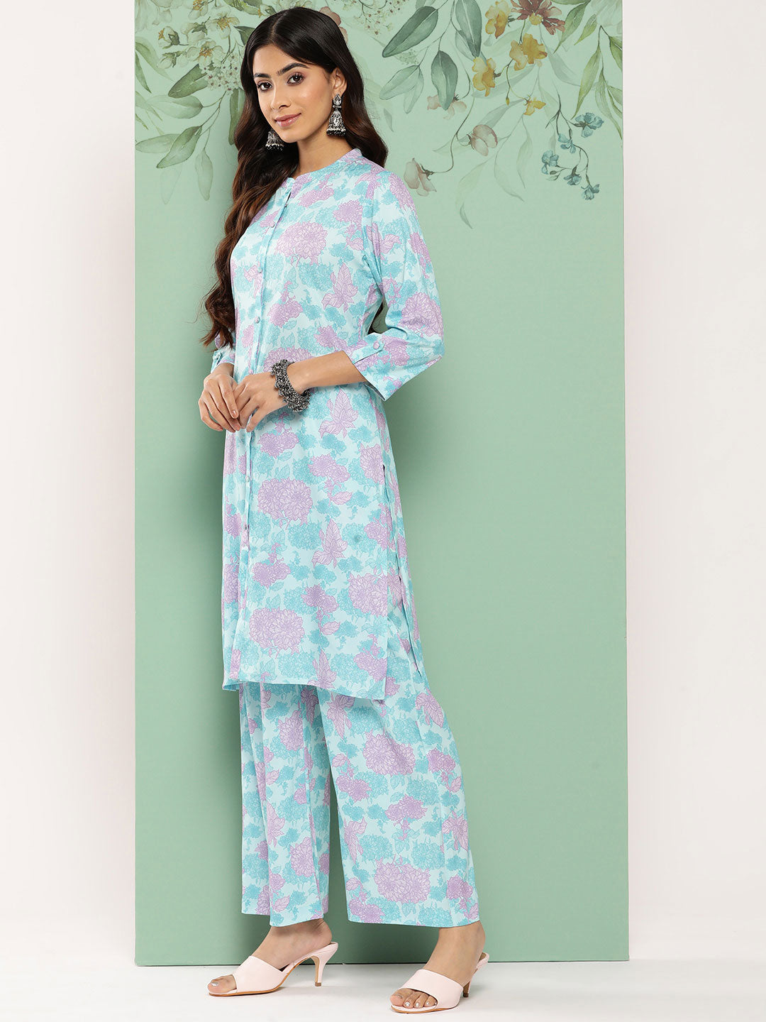 Janasya Women's Sky Blue Crepe Digital Printed Straight Casual Kurta Set - Swadesiicart