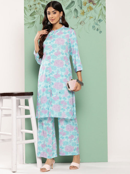 Janasya Women's Sky Blue Crepe Digital Printed Straight Casual Kurta Set - Swadesiicart