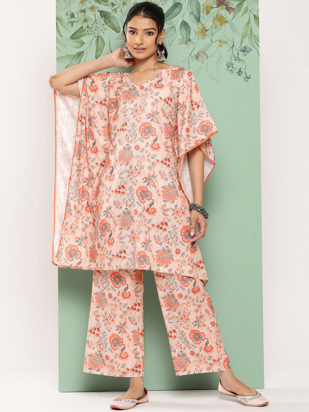 Janasya Women's Peach Crepe Digital Printed Kaftan Casual Kaftan Set | Swadesiicart