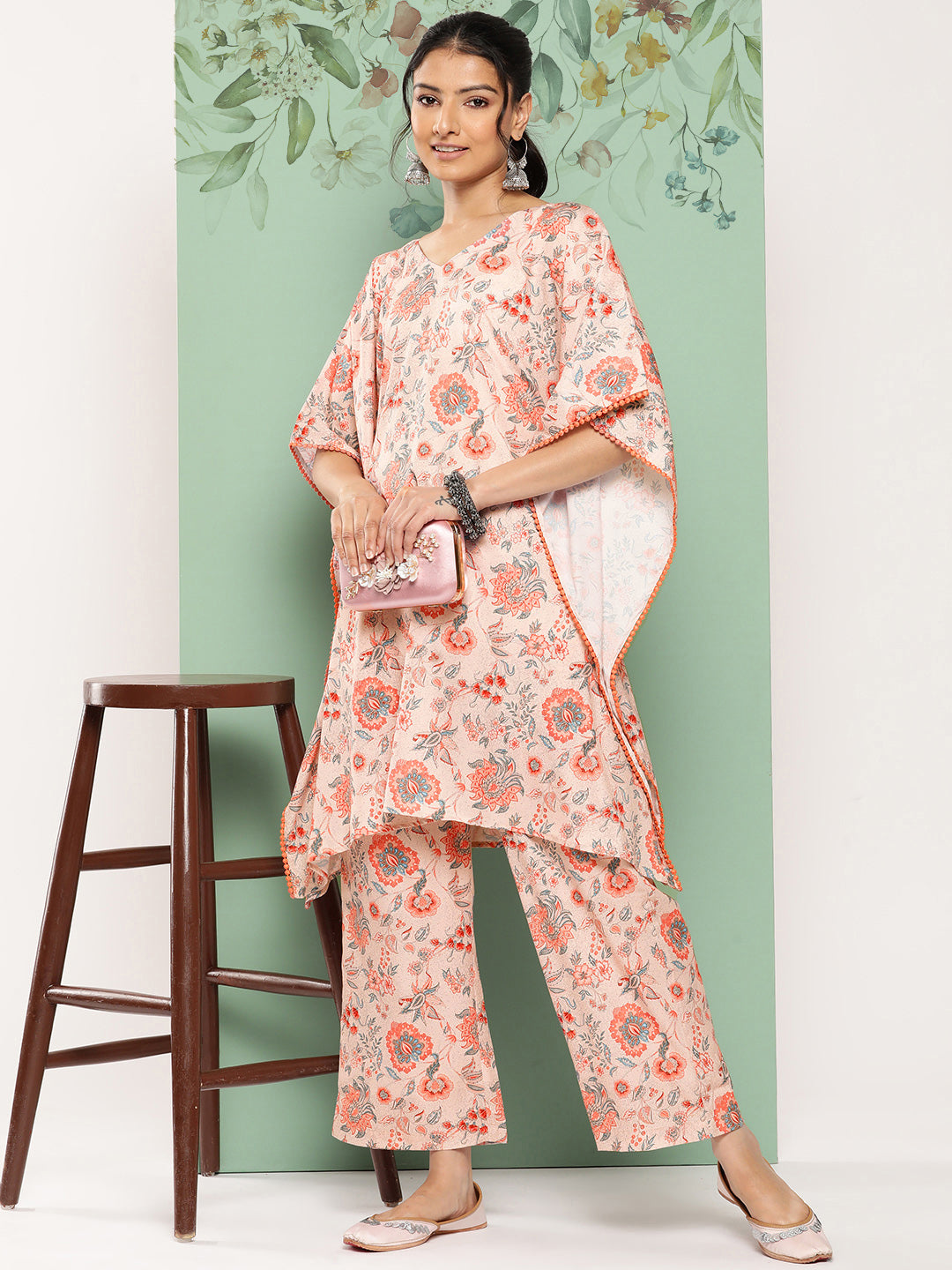 Janasya Women's Peach Crepe Digital Printed Kaftan Casual Kaftan Set | Swadesiicart