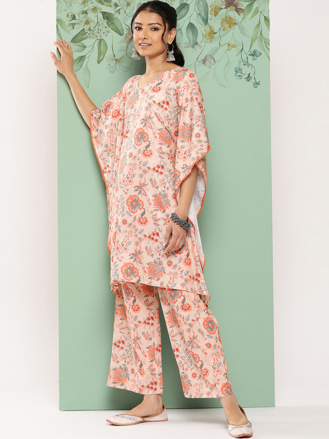Janasya Women's Peach Crepe Digital Printed Kaftan Casual Kaftan Set | Swadesiicart