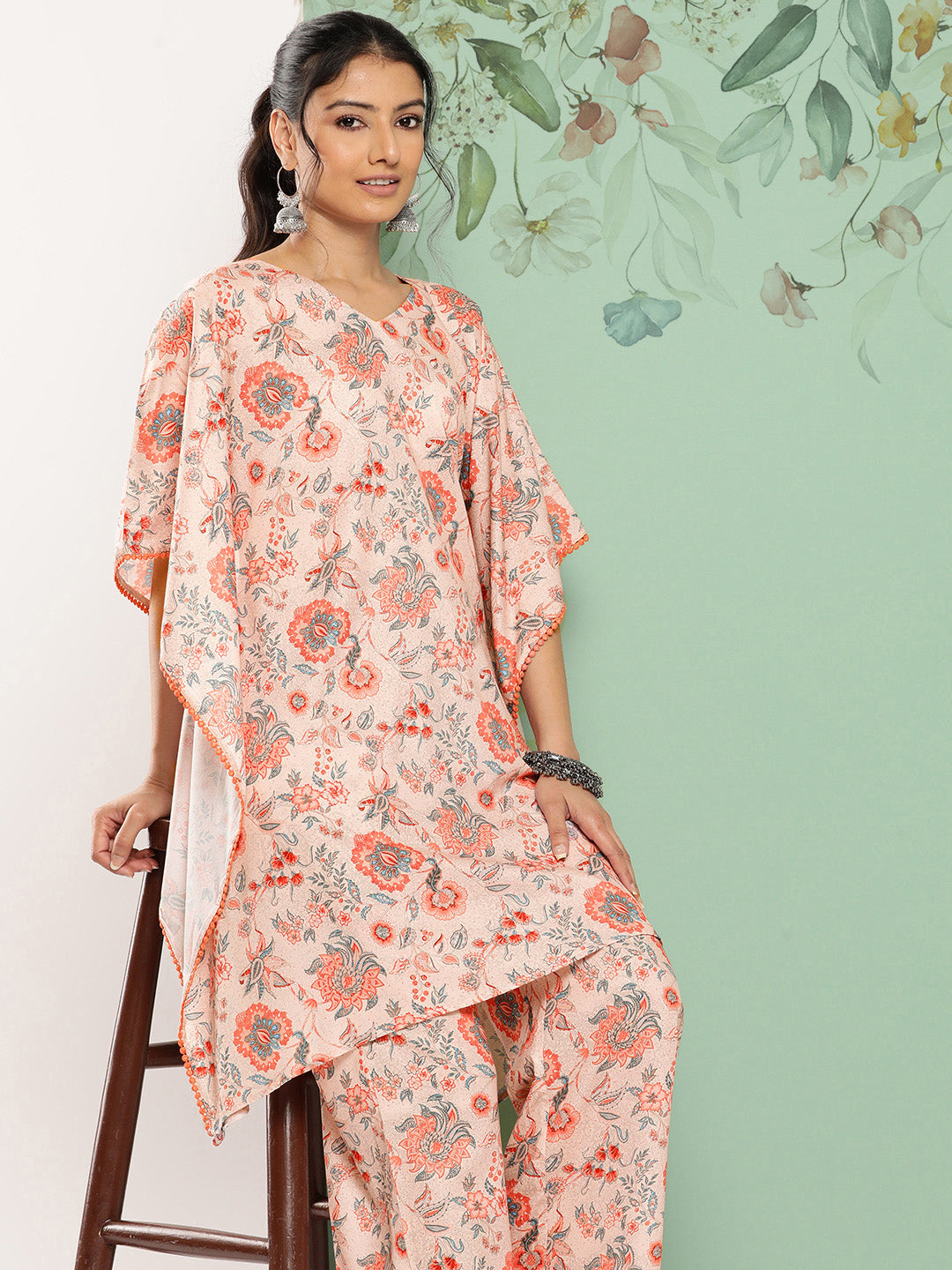 Janasya Women's Peach Crepe Digital Printed Kaftan Casual Kaftan Set | Swadesiicart
