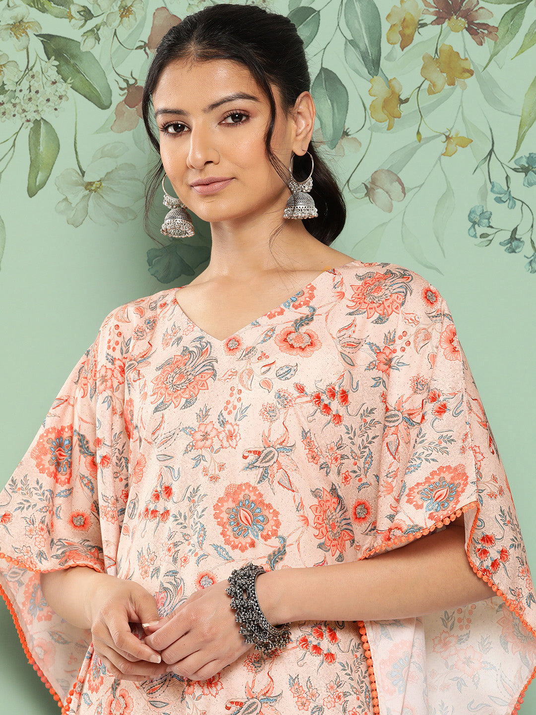 Janasya Women's Peach Crepe Digital Printed Kaftan Casual Kaftan Set | Swadesiicart
