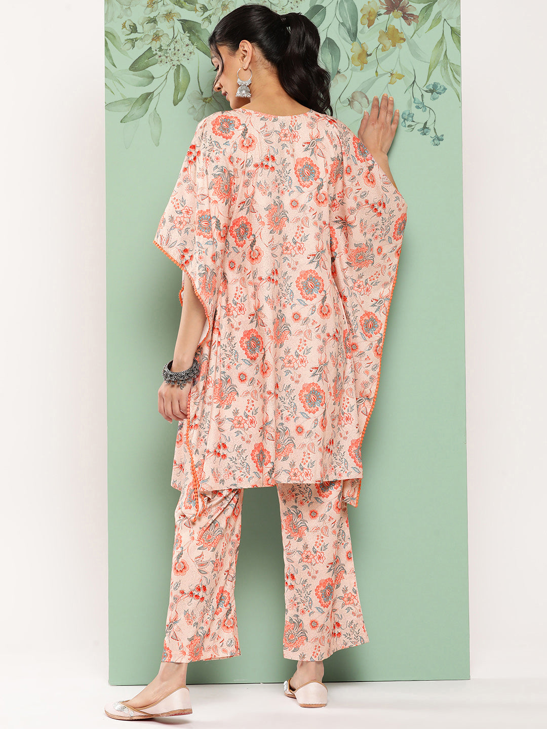 Janasya Women's Peach Crepe Digital Printed Kaftan Casual Kaftan Set | Swadesiicart