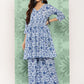 Janasya Women's Light Blue Cotton Botanical Printed Flared Party Tunic Set - Swadesiicart