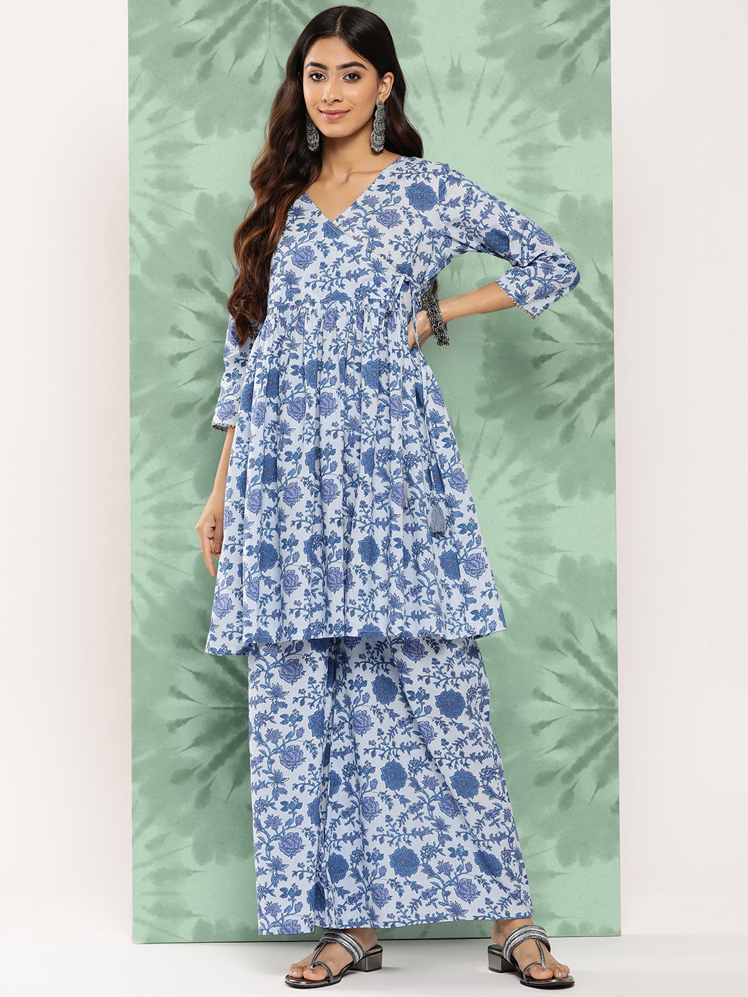 Janasya Women's Light Blue Cotton Botanical Printed Flared Party Tunic Set - Swadesiicart
